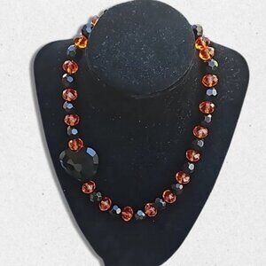 Heart Faceted Glass Beaded Necklace Toggle Clasp Closure Orange/Black Women's OS